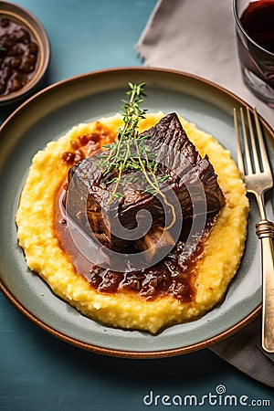 Slow cooker red wine braised beef short ribs on a bed of polenta with rosemary on a plate. Hearty delicious comfort food for Stock Photo