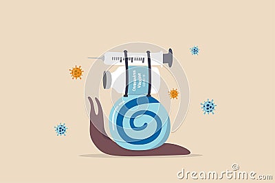 Slow COVID-19 Coronavirus vaccine in developing countries, snail slowly walk with load of COVID-19 vaccine bottle and syringe with Vector Illustration