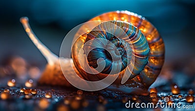 Slow crawling snail in spiral shell, a slimy gastropod beauty generated by AI Stock Photo