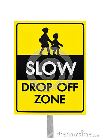 Slow down drop off zone warning yellow banner traffic sign with pole at the school Stock Photo