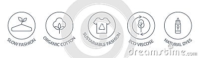 Slow fashion badge. Organic cotton, natural dyes label. Sustainable fashion line icon set. Eco viscose product logo Vector Illustration