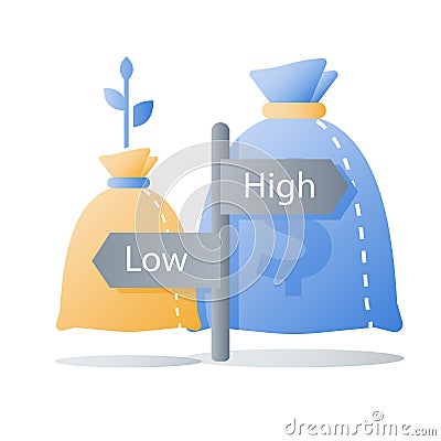 Slow or fast financial growth, low or high investment risk, small or large interest rate, capital allocation, less or more money Vector Illustration