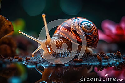 A slow grape snail crawls in the forest. Bokeh in the background. Generative AI Cartoon Illustration