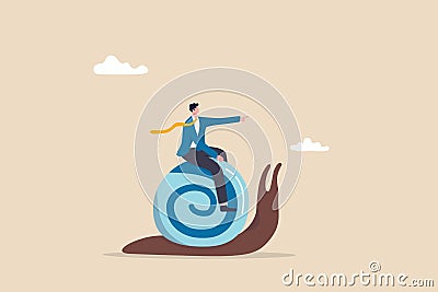 Slow growth, inefficient or stupid mistake, businessman idiot leader riding slow snail never reach goal, losing business Vector Illustration