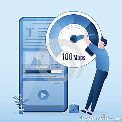 Slow loading of media content on smartphones. Speed test. Male user pulls an arrow on measuring scale. Signal quality improvements Vector Illustration