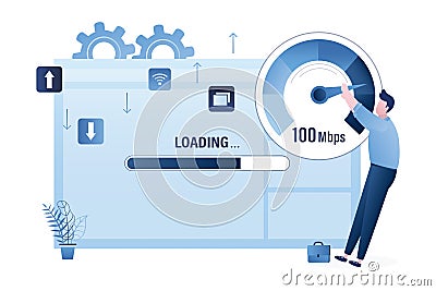 Slow loading of media content. Speed test. Male user pulls an arrow on measuring scale. Tariff plan with fast internet Vector Illustration