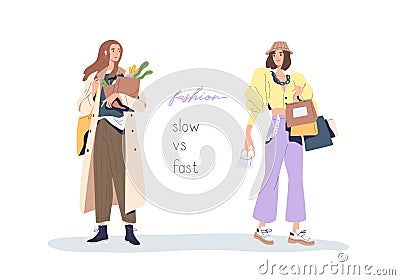 Slow vs fast fashion movement against overconsumption and low-quality mass market. Social phenomenon of eco-conscious Vector Illustration