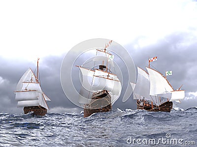 Santa Maria Pinta and Nina a Christopher Columbus fleet 3D rendered image in high quality in HDR Stock Photo