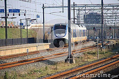SLT sprinter train on track at train station Den Haag Ypenburg in The Hague in the Netherlands. Editorial Stock Photo