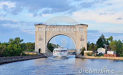 Sluice Gates on the River Volga, Russia with cruise boat Stock Photo