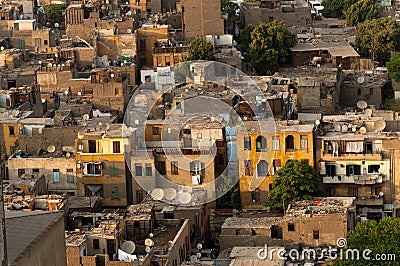 Slum Cairo roofs with satellite dishes. Stock Photo
