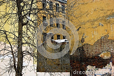 Slum and ghetto street view in winter time and snow weather with abandoned buildings Stock Photo