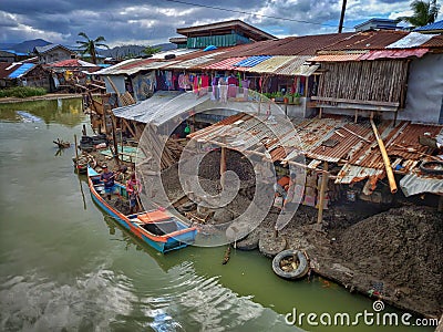 The slum neighborhood areas of Kaskag in Surigao City Philippines where people live in extreme poverty. Concrete production. Editorial Stock Photo