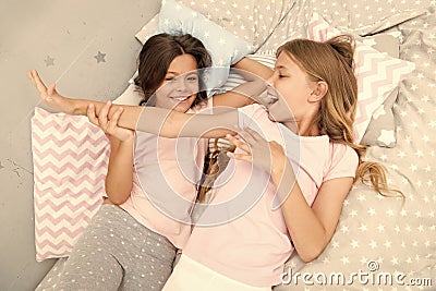 Slumber party concept. Girls just want to have fun. Invite friend for sleepover. Best friends forever. Consider theme Stock Photo