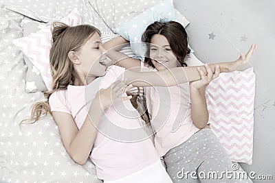 Slumber party concept. Girls just want to have fun. Invite friend for sleepover. Best friends forever. Consider theme Stock Photo