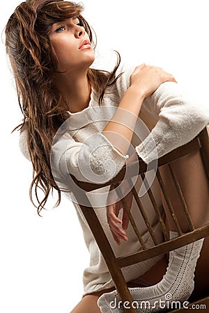 Slumberous girl in white wool Stock Photo