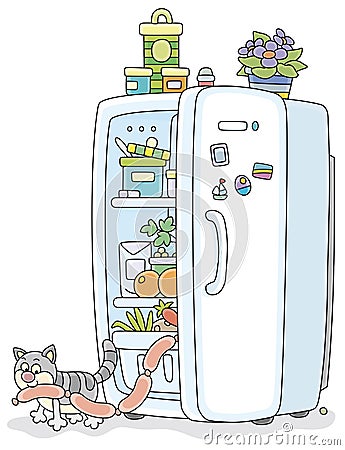 Sly cat filching sausages from a fridge Vector Illustration