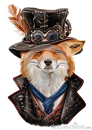 Sly fox in steampunk clothes. Watercolor drawing Stock Photo