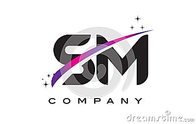 SM S M Black Letter Logo Design with Purple Magenta Swoosh Vector Illustration