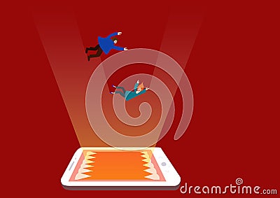 Social media addiction, concept. dependence on the smartphone. tiny people fall into the glowing screen of the laptop. Vector Illustration