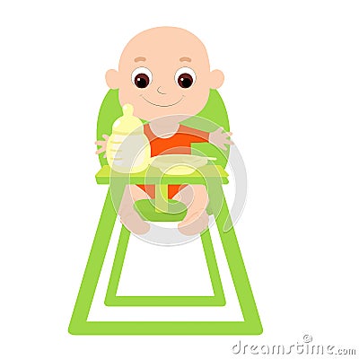 A small adorable baby sits in a highchair with a feeding bottle and a spoon and plate on the top. Vector Illustration