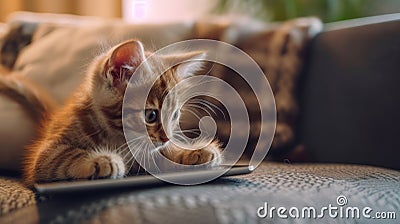 a small adorable kitten gazing curiously at a tablet with its tiny paws, evoking a heartwarming scene of domestic Stock Photo