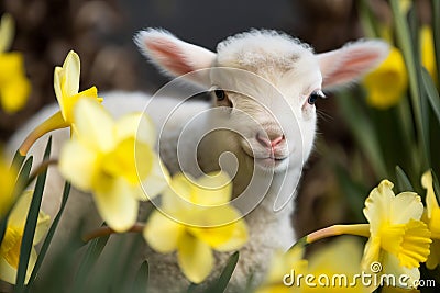 Small adorable lamb in yellow daffodil field. Generate ai Stock Photo