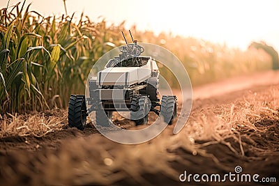Small AI robot drone is working in a Corn field farm, for agriculture technology concept. Stock Photo
