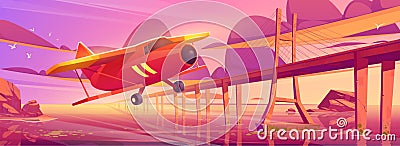 Small airplane flying at sunset ocean with bridge Vector Illustration