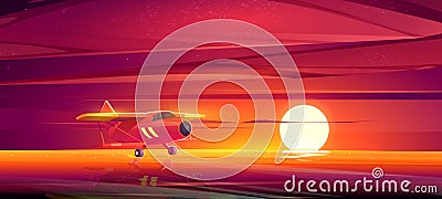 Small airplane at sunset ocean cartoon landscape Vector Illustration