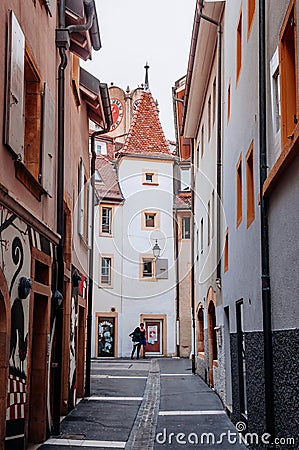 Small alley and old building in Medieval town Neuchatel, Switzerland Editorial Stock Photo