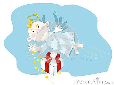 Small angel flying on the blue sky Stock Photo