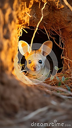 a small animal looking out of a hole Stock Photo