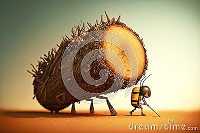 Small ants carrying large wooden piece for their anthill Stock Photo