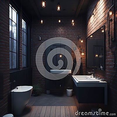 Small Apartment Industrial Style Bathroom Dark Natural Light Brick Wall Hanging Lamps From Ceiling Generative Ai Stock Photo