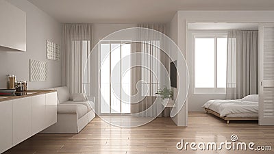 Small apartment with kitchen, living room and bedroom, white min Stock Photo