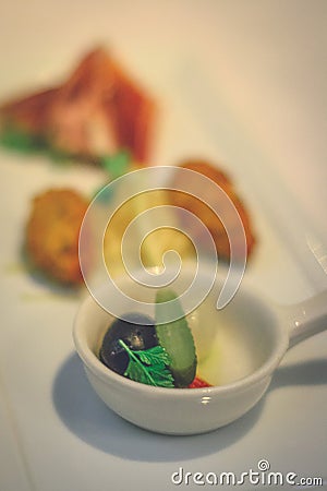 Small Appetizers iberico ham croquette olive pickle Stock Photo