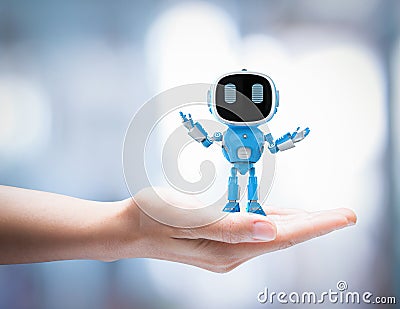 Small artificial intelligence robot assistant in human hand Stock Photo