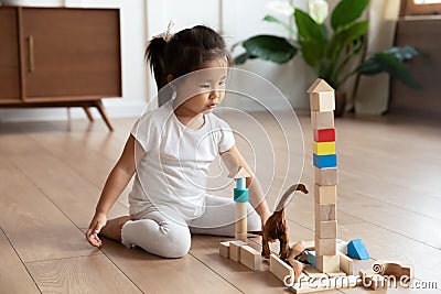 Small asian baby girl playing with cubes alone at home. Stock Photo