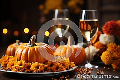 Small autumn pumpkins on a plate, bokeh 4 Stock Photo