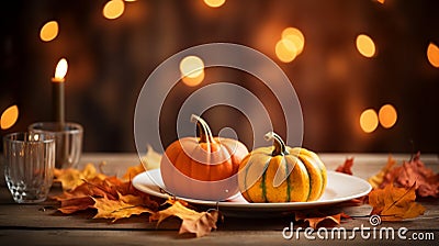 Small autumn pumpkins on a plate, bokeh Stock Photo