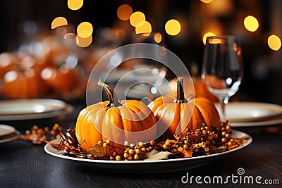 Small autumn pumpkins on a plate, bokeh 3 Stock Photo