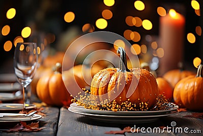 Small autumn pumpkins on a plate, bokeh 2 Stock Photo