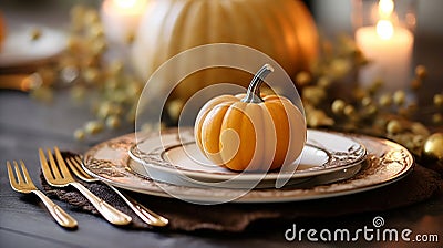 Small autumn pumpkins on a plate, table setting 1 Stock Photo