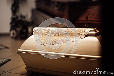 photo of a small baby casket in a funeral Stock Photo