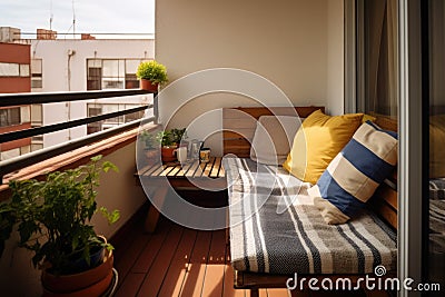 a small balcony of an affordable apartment with economical but neat furnishings Stock Photo