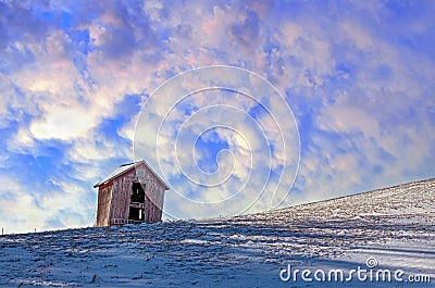 Small Barn In Winter Field Stock Photo