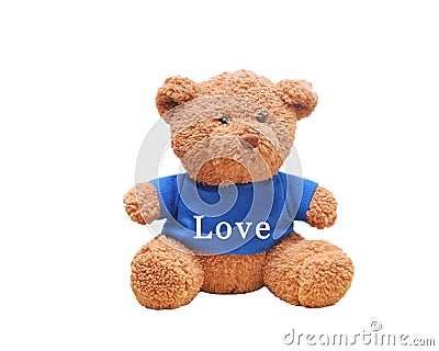 Small bear wear a blue shirt isolated with white background. Typo word `Love` on shirt Stock Photo