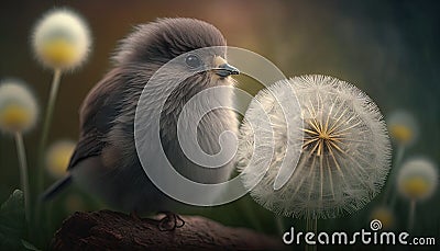 a small bird sitting on top of a dandelion. generative ai Stock Photo