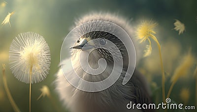 a small bird sitting on top of a dandelion. generative ai Stock Photo
